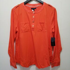 NWT Tommy Hilfiger Blouse Women's XL Orange Long Sleeve Henley Top Pockets